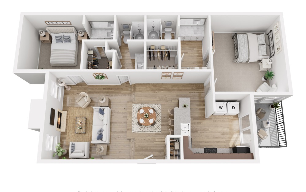 V - 2 bedroom floorplan layout with 2 bathrooms and 1181 square feet (3D)