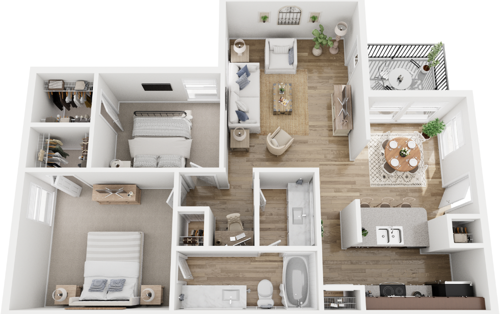 E - 2 bedroom floorplan layout with 1 bathroom and 990 square feet (3D)