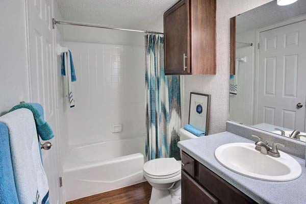 Guest bathroom with updated cabinetry and brushed nickel fixtures.